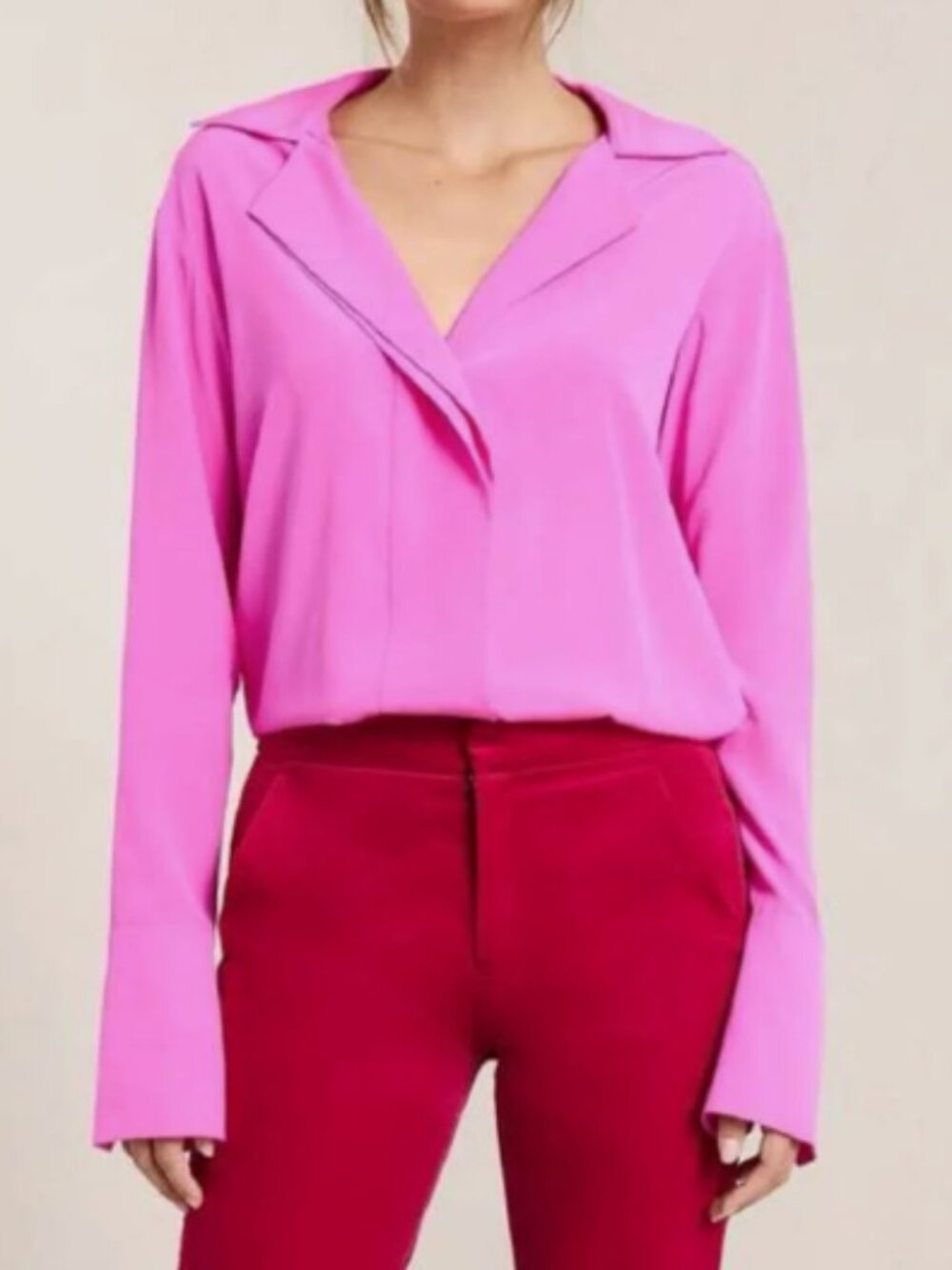 A.L.C. Kinsley Hot Pink Button Front Long Sleeve Collar Silk Shirt 4